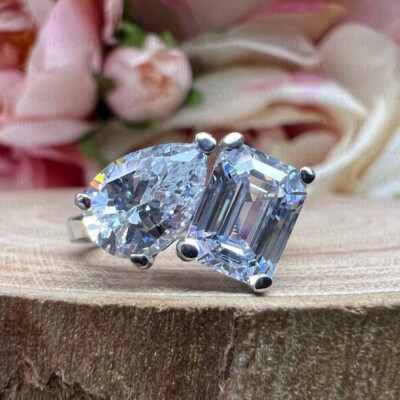 5.89CTW Moissanite Two Stone Ladies Party Wear Fancy Ring 14K White Gold Plated