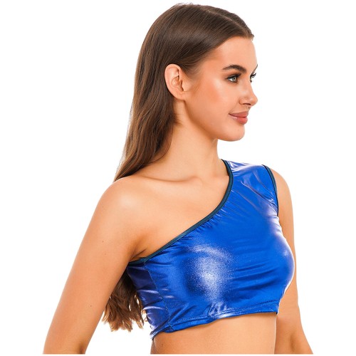 Damen glänzendes Material Crop Top ärmellos Tank Trägershirt glänzend Karneval Party Kostüm - Bild 47 von 64