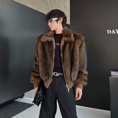 Mens Loose Fit Short Coat Lapel Collar Faux Fur Jacket Zip Korean