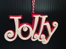 NEW “JOLLY” Christmas White / Red Glitter Sign Holiday Tree Ornament 5” Plastic