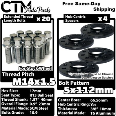 4x 10mm Thick 5x112 66.56mm CB Wheel Spacer Chrome Bolt Fit Mercedes Stock Wheel