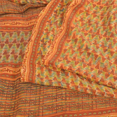 Sanskriti Vintage Saree Orange Pure Crepe Silk Printed Sari 5+YD Craft Fabric