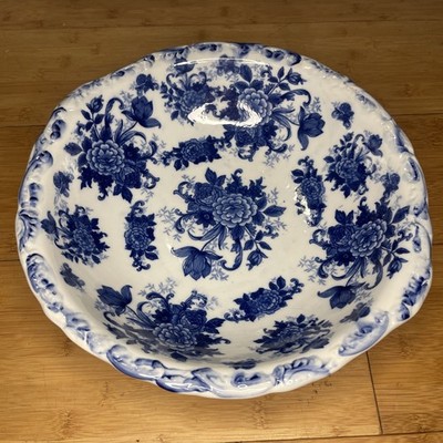 Vintage Cracker Barrel Blue White Large 13'' Salad Serving Bowl Floral Rare VG