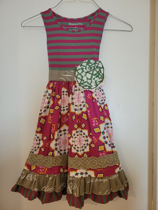 Mustard Pie Girls Dress Sleeveless Striped Floral Patchwork Green Pink