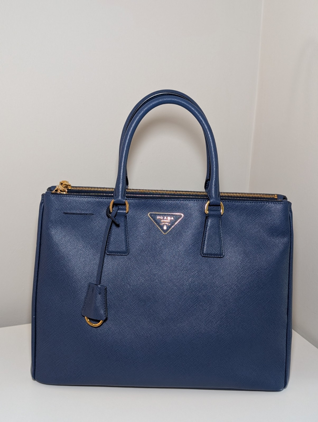 Prada Galleria Large Saffiano Lux Leather Double Zip Tote Bag Blue Gold Hardware