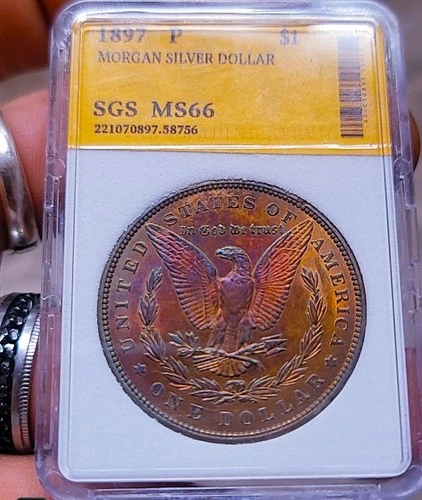 1897 P  $1 Morgan Silver Dollar - RAINBOW TONING SLABBED SGS MS++.