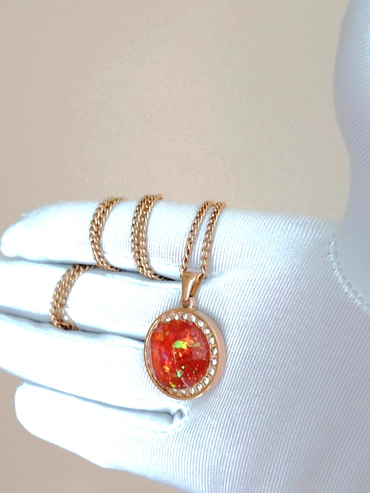 Colgante de ópalo facetado ópalo de fuego mexicano 16 mm en acero inoxidable 18 kgp y circonita cúbica halo Foto 3 de 4