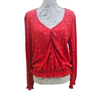 American Eagle -590 Red Floral Print Long Sleeve V-Neck Ruched Blouse - Large