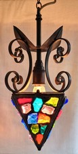 VINTAGE SIGNED PETER MARSH CHANDELIER CEILING LIGHT ROCK GLASS, IRON & BAKELITE