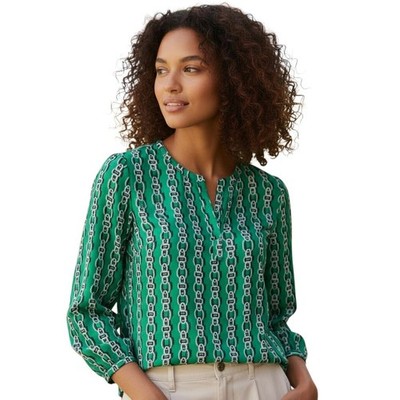 IMAN Global Chic Tunic Womens Medium Green Chain Print Chiffon V Neck NWT Luxe