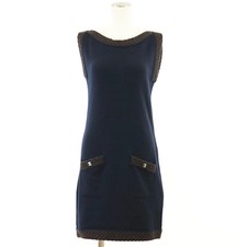 Chanel P39180 Sleeveless Dress Cashmere Navy Size 38 CC Turnlock Pocket