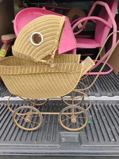 Antique Baby Doll Stroller Carriage Wicker Victorian Reclines Wheel Stopper VTG