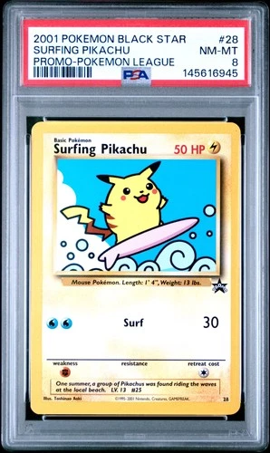 2001 POKEMON PROMO BLACK STAR POKEMON LEAGUE #28 SURFING PIKACHU PSA 8