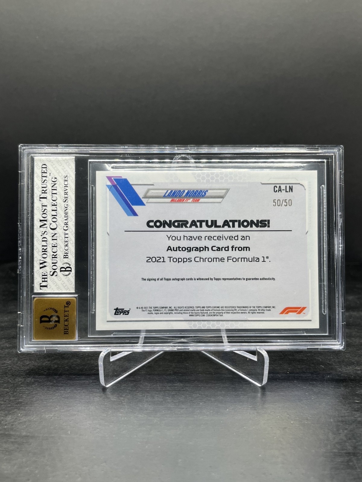 2021 Topps Chrome F1 Lando Norris Autograph Gold Wave 50/50 BGS 8 | 10 #CA-LN view 2