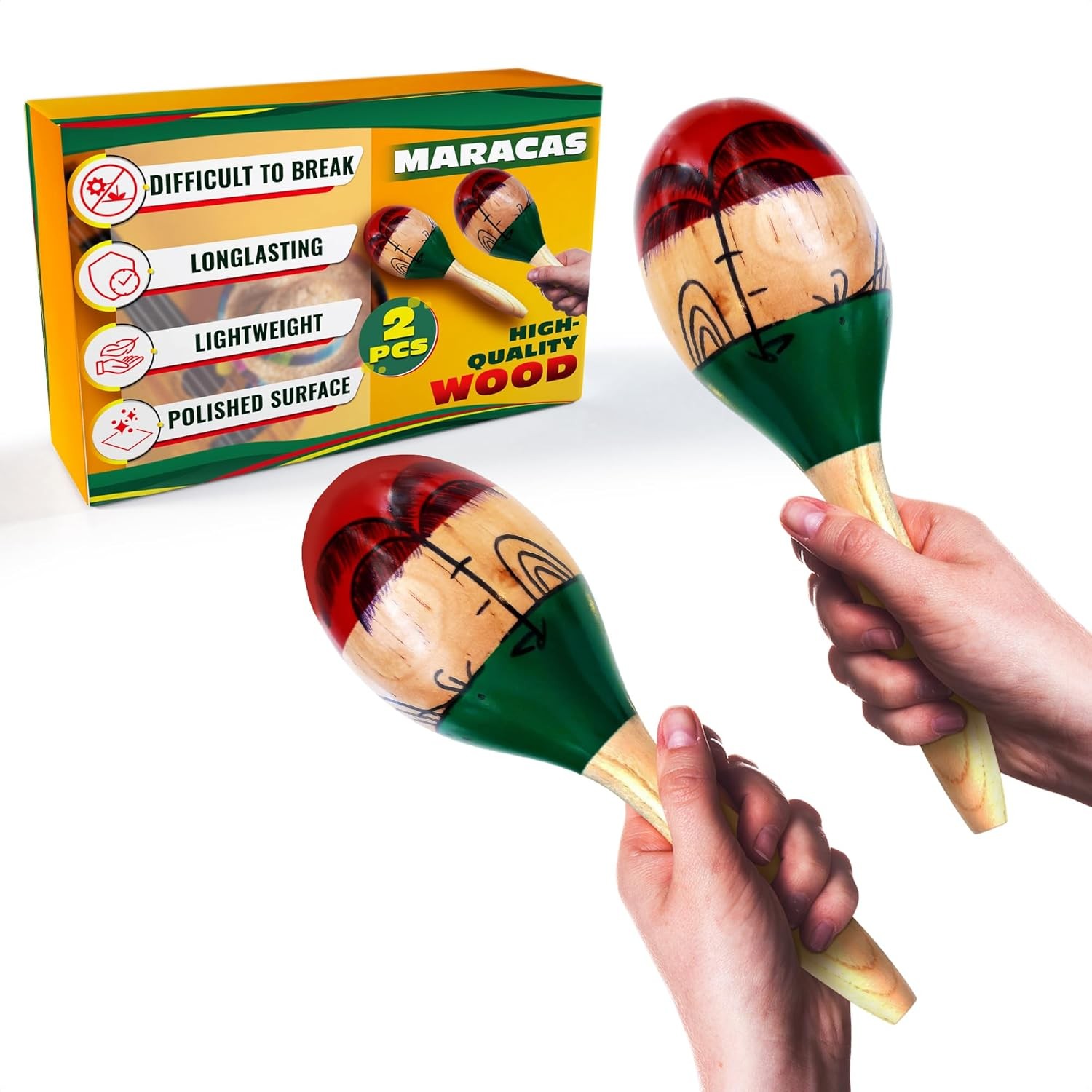 2 Pcs Large Wooden Maracas for Adults - 9.6” Durable Percussion Colorful 