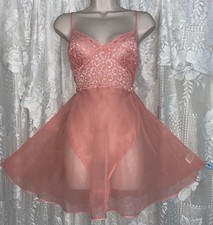 VTG RARE L XL Coral Sheer Chiffon TEDDY Romper Bodysuit NIGHTIE w snap gusset