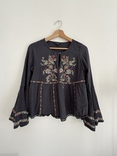   American Eagle Boho Floral Embroidered Bell Sleeve Peasant Top Gray M
