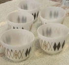 Vintage FireKing Diamond Pattern Milk Glass Glossy Round Bowl Set, Five-Piece