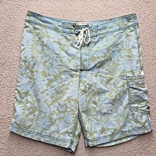 J.Crew Swim Trunks Mens 33 Blue Green Floral Mesh Lined Hawaiian Fish Shorts