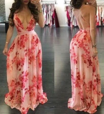 Womens Ball Gown Printed Floral Beach Boho Holiday V-neck Backless Party Dresses