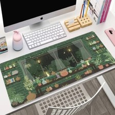 Cute Cat XL Gaming Mouse Pad Large Keyboard Mat Green Plant Theme