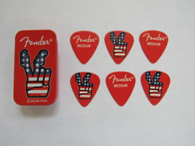 FENDER Peace Sign Tin + 6 Guitar Picks Love & Rock N Roll American Flag Hippie