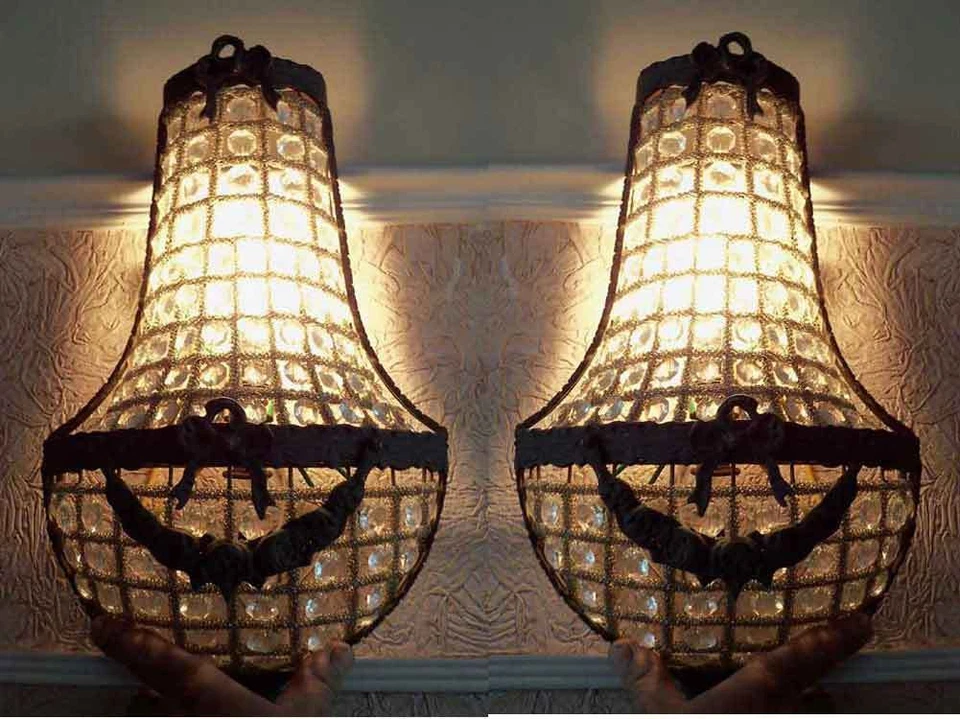 2 apliques de pared antiguos réplica de pátina de latón imperio francés cristal cesta luces Foto 2 de 4