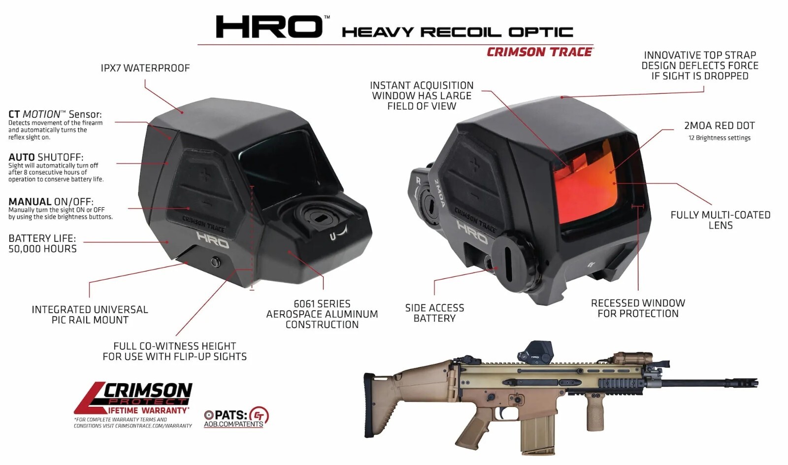 Crimson Trace HRO Tactical Red Dot Sight, 1x36.5mm, 2 MOA Dot, Black #01-01810