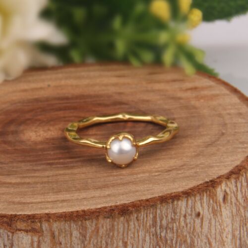 Hammered 18k Gold Plated Thin Pearl Ring 925 Silver Engagement Stackable Ring - Picture 1 of 5