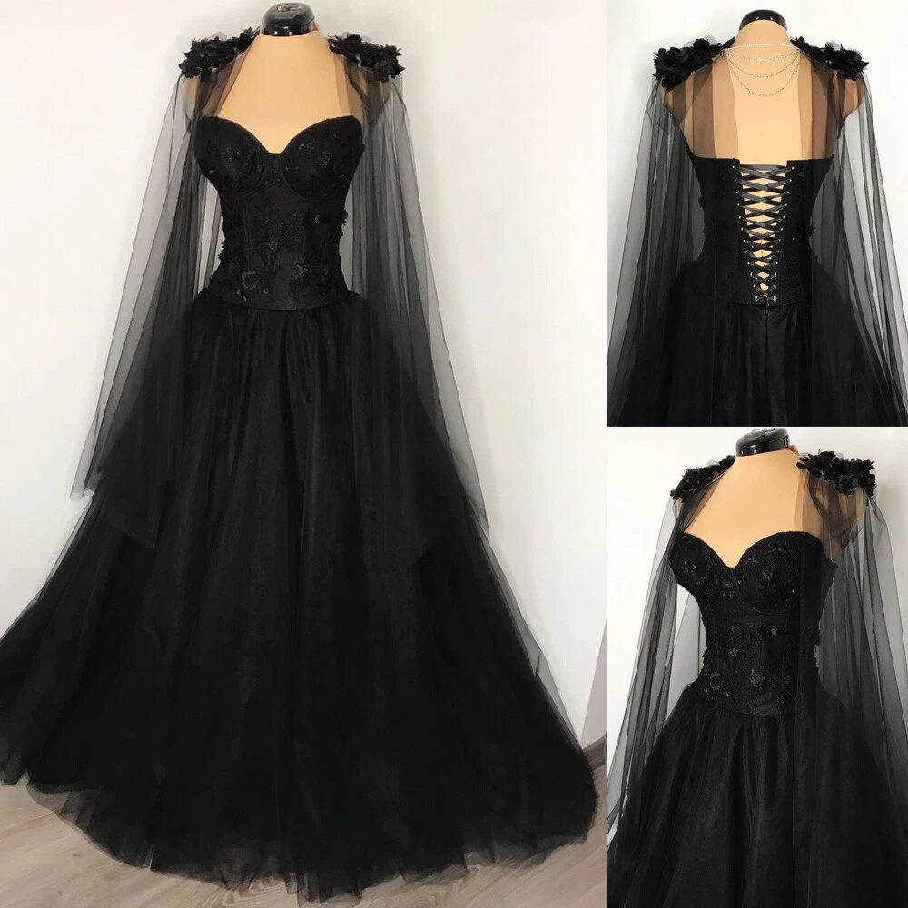 Gothic Black Strapless Wedding Dress with Cape Lace Up A Line Tulle Bridal  Gown | eBay