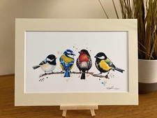 V&ouml;gel auf Ast A4 montiert Kunstdruck Aquarell Rotkehlchen, Blaumeise Wanddeko