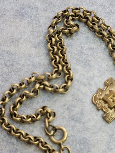 Antique Necklace Brass Gold Gilt Black Accent Stone Spring Ring Clasp 7.5" Drop - Picture 5 of 24