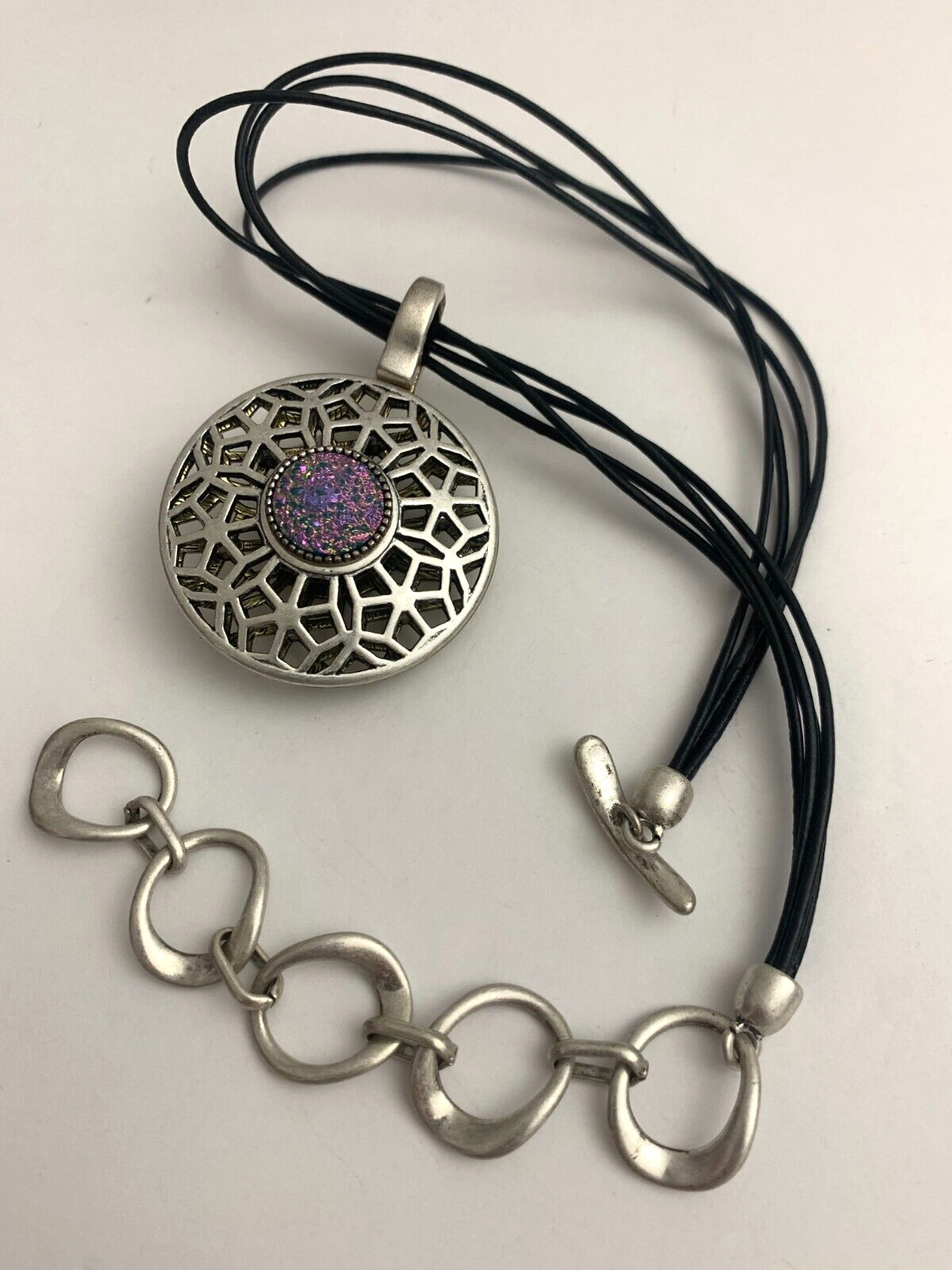 Black Leather Multi-String Silver Pendant Necklac… - image 5