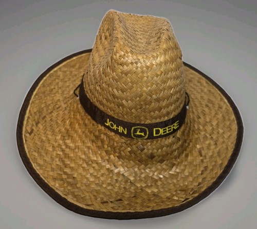 Vintage John Deere Woven Straw Sun Hat Farmers Hat - Old Stock Brown Ribbon