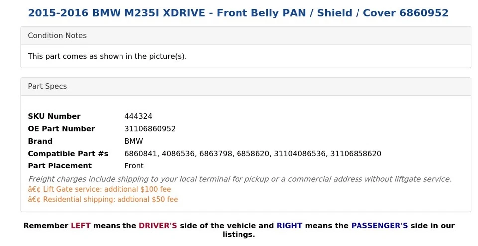 2015-2016 BMW M235I XDRIVE - Front Belly PAN / Shield / Cover 6860952 - Image 3 of 4