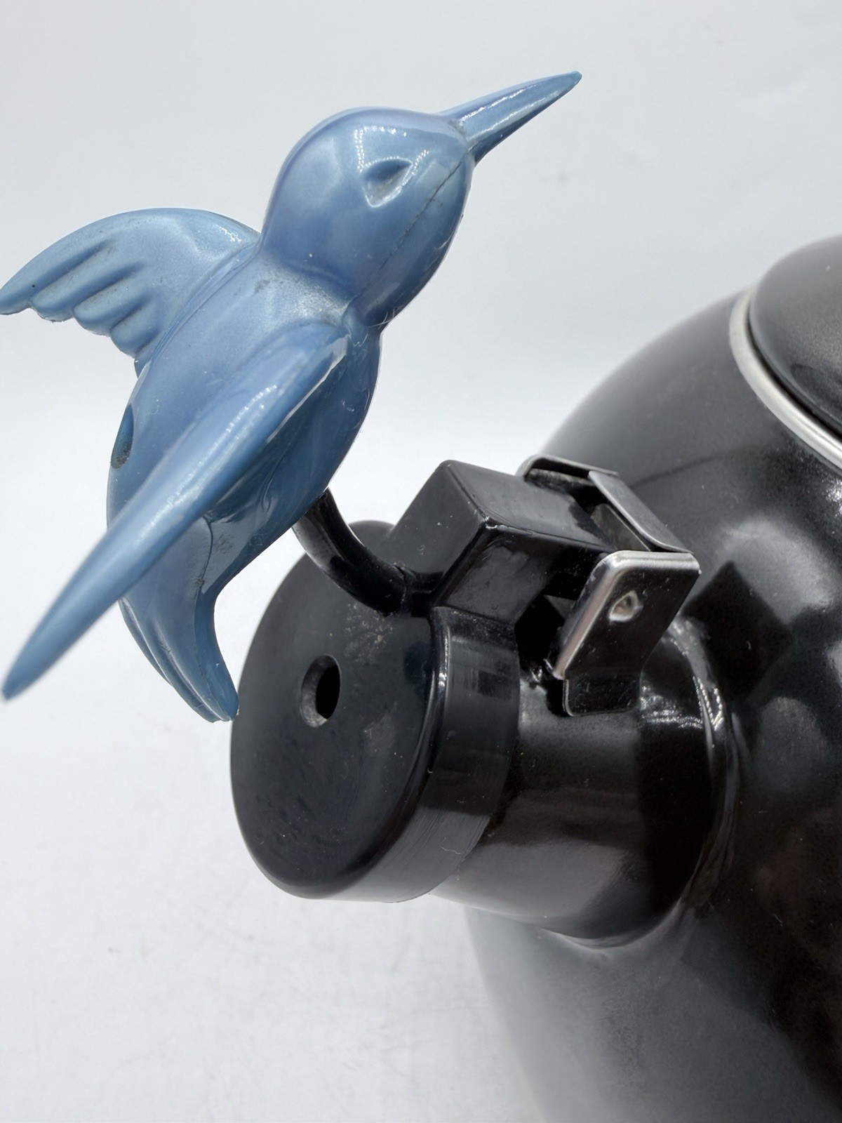 Vintage Ancona RARE Black Enamel Whistling Tea Kettle Tulip & Hummingbird 90s