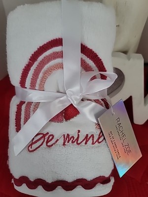 NEW Rachel Zoe Hand Towels White with pink '' Be Mine'' Set of 2 EMBROIDERED