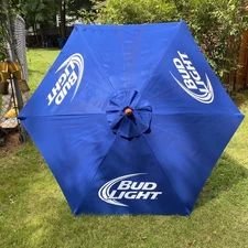 Bud Light Cloth Market Patio Umbrella 7-6” Wide By 8’ Tall Wood Pole New