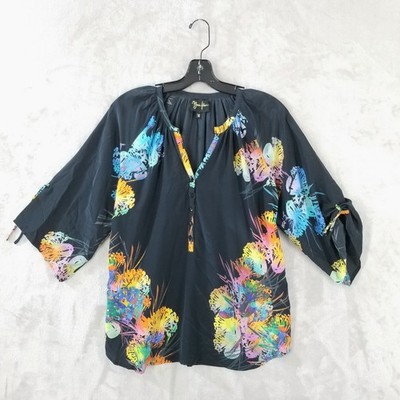 Yumi Kim Blouse Women Medium Black Floral 100% Silk Henley V-Neck 3/4 Sleeve