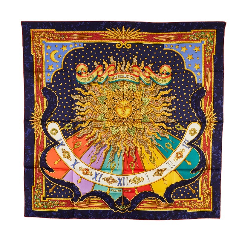HERMES Carre 90 Carpe Diem Scarf Blue Multicolor Sun Moon Stars