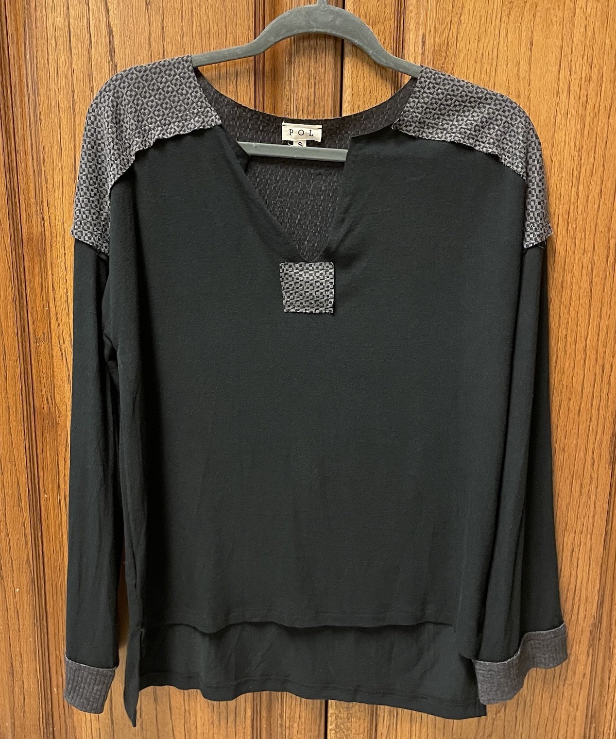 POL Black Long Sleeve Top Buttery Soft Boho Wool Trim Sz S 20” P-P Raw Hems
