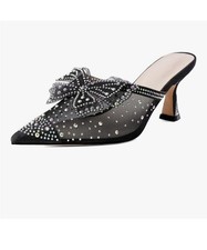 Black Rhinestone Embellished Bow Kitten Heels