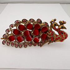 Stunning Vintage Brass Tone Red Pink Rhinestone Peacock Bird Barrette Hair Clip