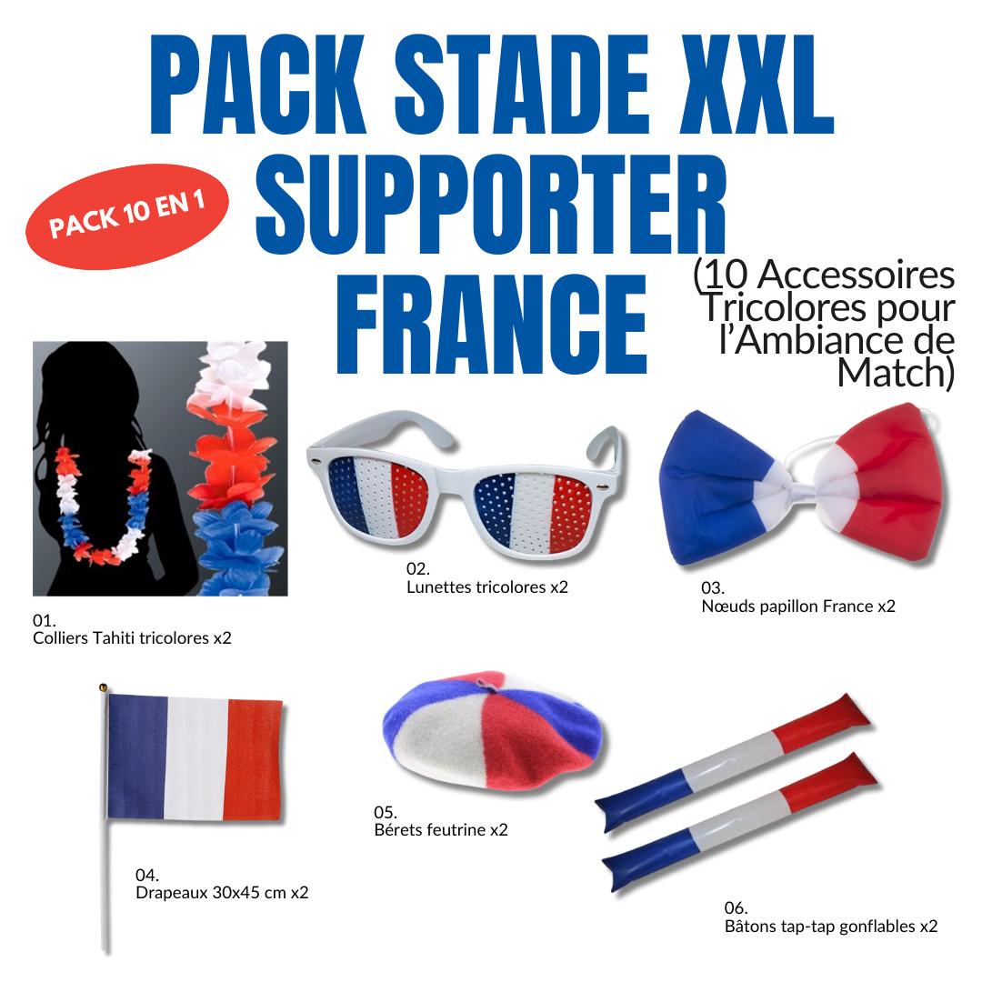 Pack stade XXL supporter France 10 accessoires pour match de football et rugby