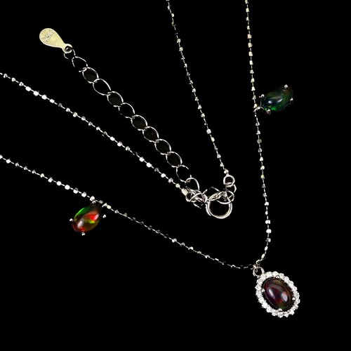 925 Sterling Silver Necklace Oval Black Opal 6x4mm Natural Gemstone Jewelry 16in - Picture 2 of 13