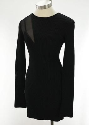 DAVID KOMA Black Mesh Insert Ribbed Knit Long Sleeve Mini Dress XL NWT