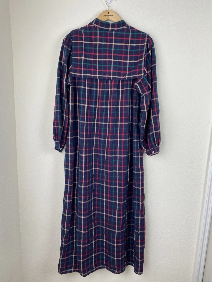 Vtg Laura Adams L Maxi Nightgown Flannel Plaid Cottage Prairie Cotton Red Navy - Image 4 of 4