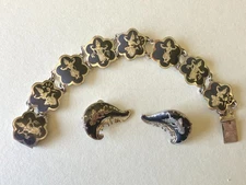 Vintage Sterling Silver Bracelet/Earings Set, Siam Dancers, Nielloware 