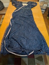 Mac Duggal Midnight Blue Embellished Illusion V-Neck Flutter Sleeve Gown 10 $798