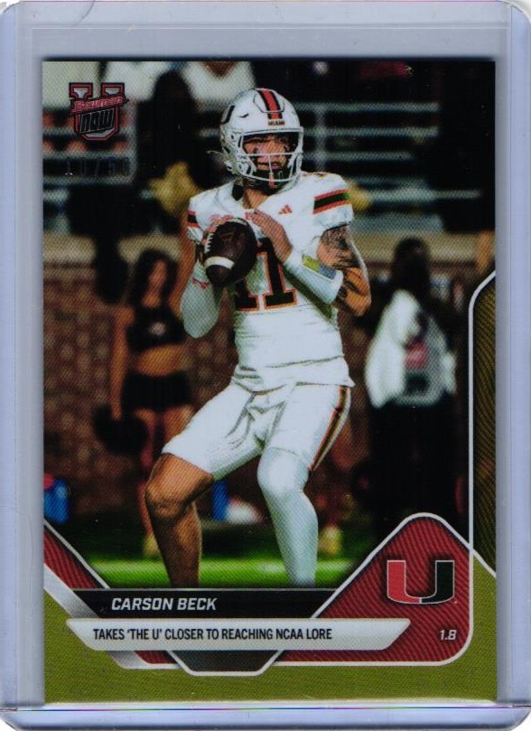 Carson Beck Miami 4 TD’s 2025-26 Bowman U NOW Football Card 65 Gold Foil /50